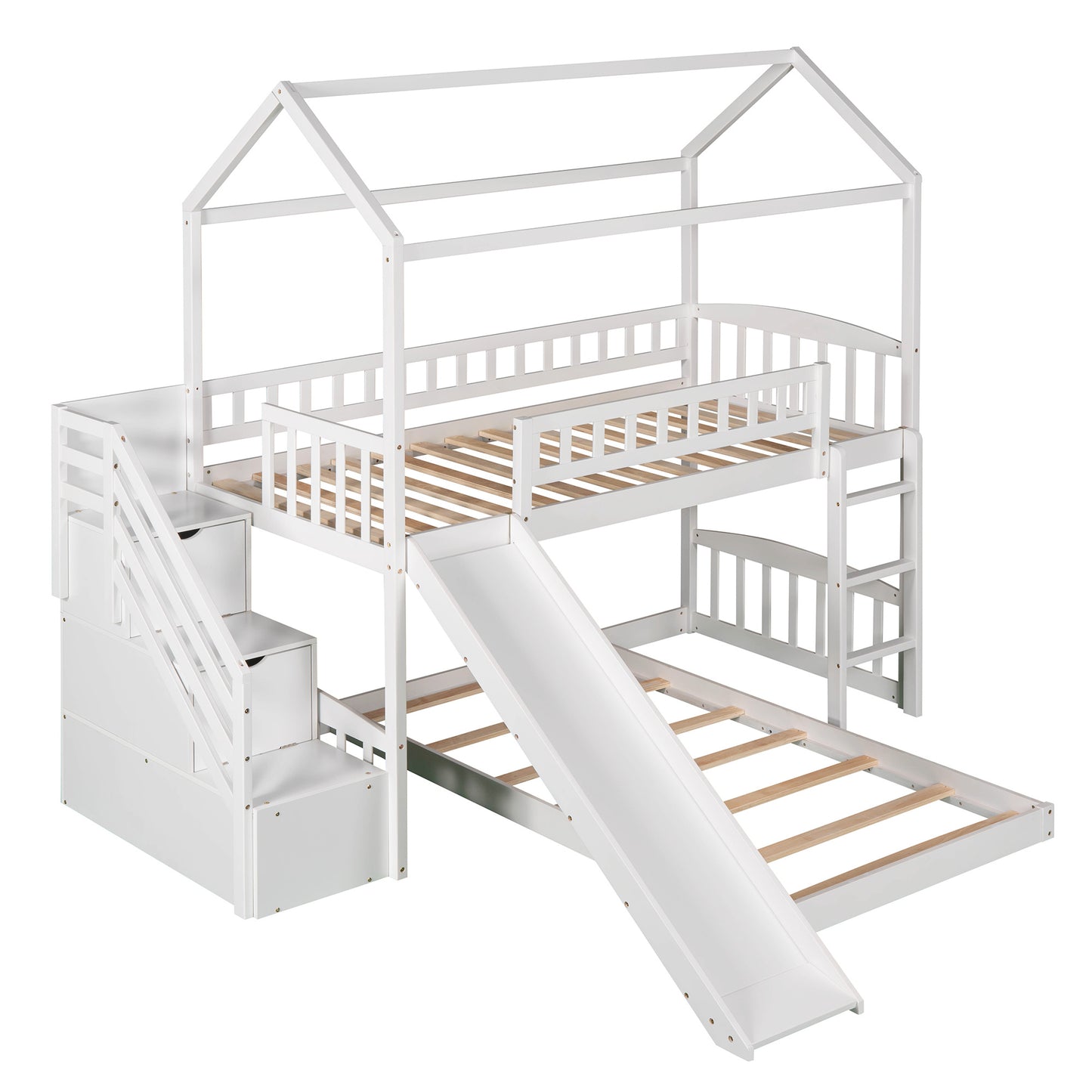 Twin Over Twin Bunk Bed with Two Drawers and Slide, House Bed with Slide