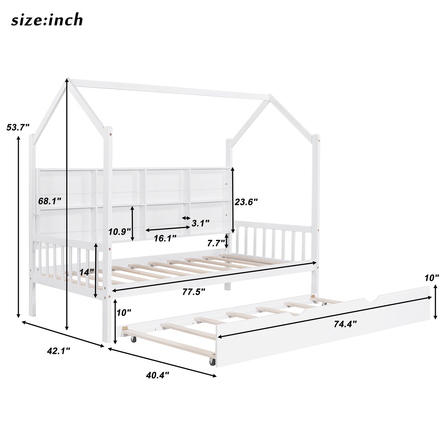 Wooden Twin Size House Bed with Trundle,Kids Bed with Shelf