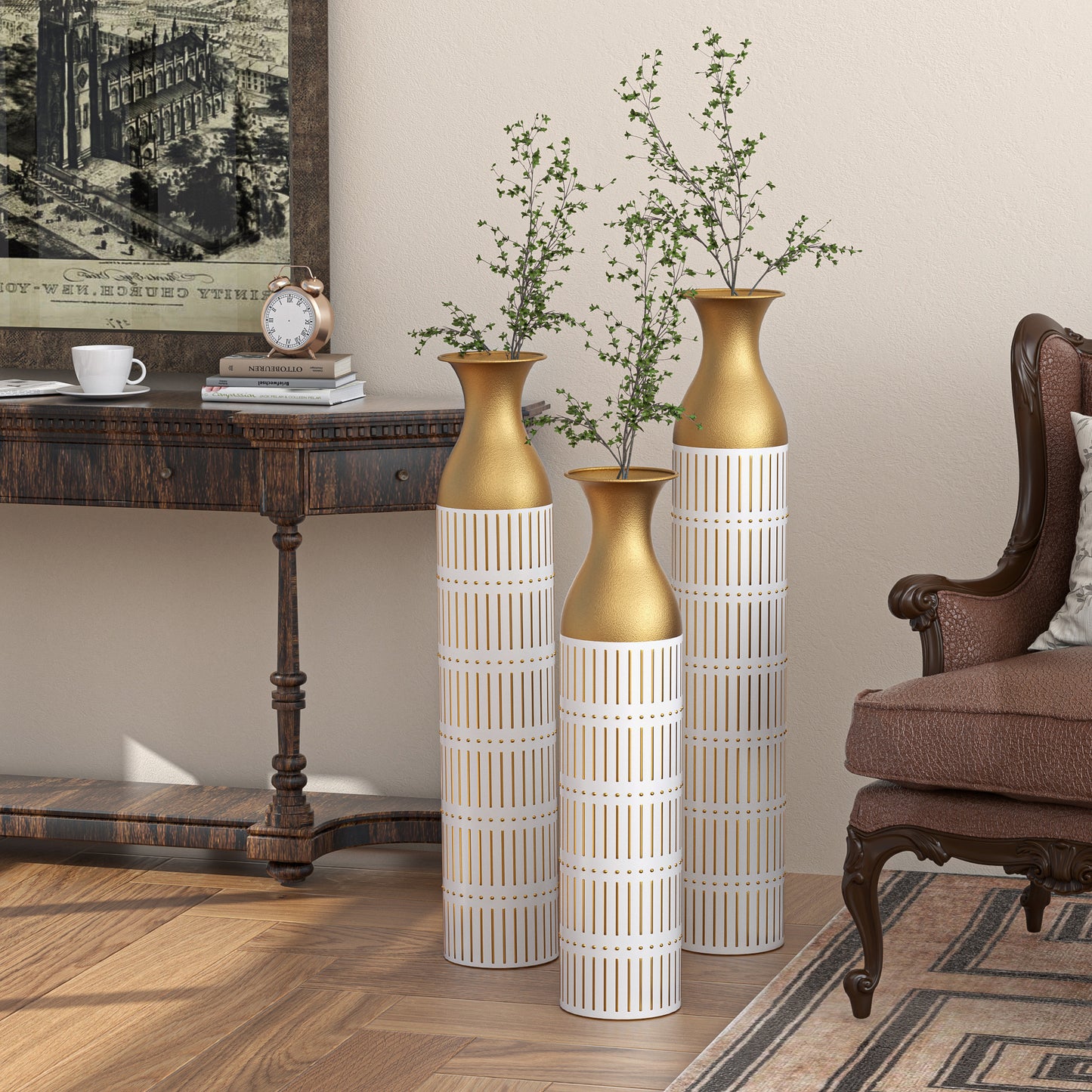 Set of 3 Glazed Metal Floor Vases