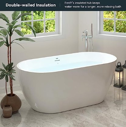 FerdY Bali 55\"x28\" Freestanding Bathtub, Modern Oval Acrylic Soaking Bathtub with Brushed Nickel Drain, Integrated Slotted Overflow - Divine Heart L.A.