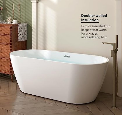 FerdY Bali 55\"x28\" Freestanding Bathtub, Modern Oval Acrylic Soaking Bathtub with Brushed Nickel Drain, Integrated Slotted Overflow - Divine Heart L.A.