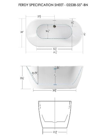 FerdY Bali 55\"x28\" Freestanding Bathtub, Modern Oval Acrylic Soaking Bathtub with Brushed Nickel Drain, Integrated Slotted Overflow - Divine Heart L.A.