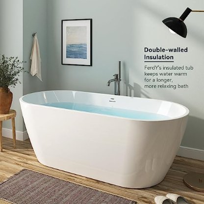 FerdY Bali 55\"x28\" Freestanding Bathtub, Modern Oval Acrylic Soaking Bathtub with Brushed Nickel Drain, Integrated Slotted Overflow - Divine Heart L.A.