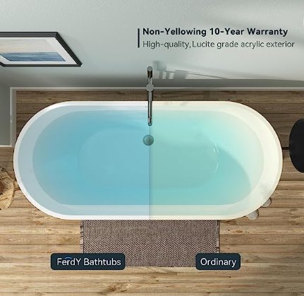 FerdY Bali 55\"x28\" Freestanding Bathtub, Modern Oval Acrylic Soaking Bathtub with Brushed Nickel Drain, Integrated Slotted Overflow - Divine Heart L.A.