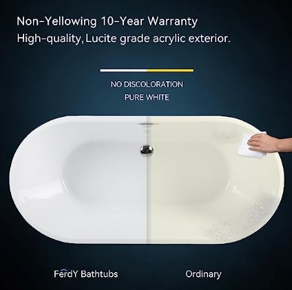 FerdY Bali 55\"x28\" Freestanding Bathtub, Modern Oval Acrylic Soaking Bathtub with Brushed Nickel Drain, Integrated Slotted Overflow - Divine Heart L.A.