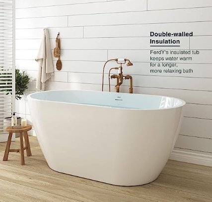 FerdY Bali 55\"x28\" Freestanding Bathtub, Modern Oval Acrylic Soaking Bathtub with Brushed Nickel Drain, Integrated Slotted Overflow - Divine Heart L.A.