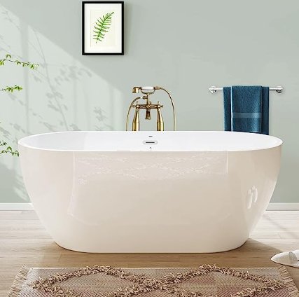 FerdY Bali 55\"x28\" Freestanding Bathtub, Modern Oval Acrylic Soaking Bathtub with Brushed Nickel Drain, Integrated Slotted Overflow - Divine Heart L.A.