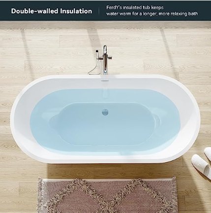 FerdY Bali 55\"x28\" Freestanding Bathtub, Modern Oval Acrylic Soaking Bathtub with Brushed Nickel Drain, Integrated Slotted Overflow - Divine Heart L.A.