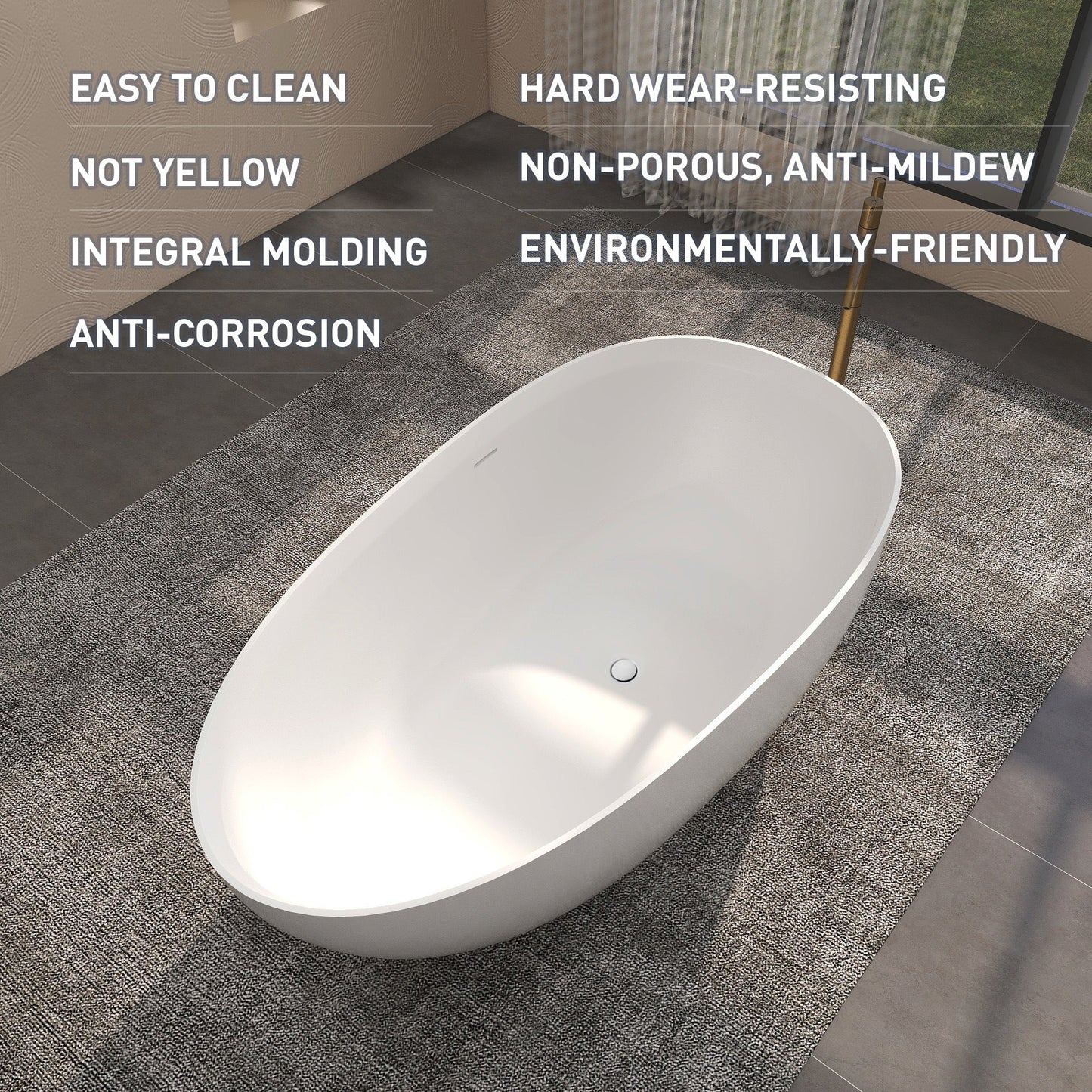 FRALIMK 59" x 30.71" x 22.05" Flatbottom Freestanding Solid Surface Stone Resin Bathtub Soaking Tub; Soft White Matte - Divine Heart L.A.