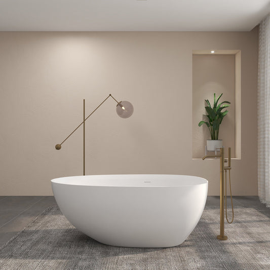 FRALIMK 59" x 30.71" x 22.05" Flatbottom Freestanding Solid Surface Stone Resin Bathtub Soaking Tub; Soft White Matte - Divine Heart L.A.