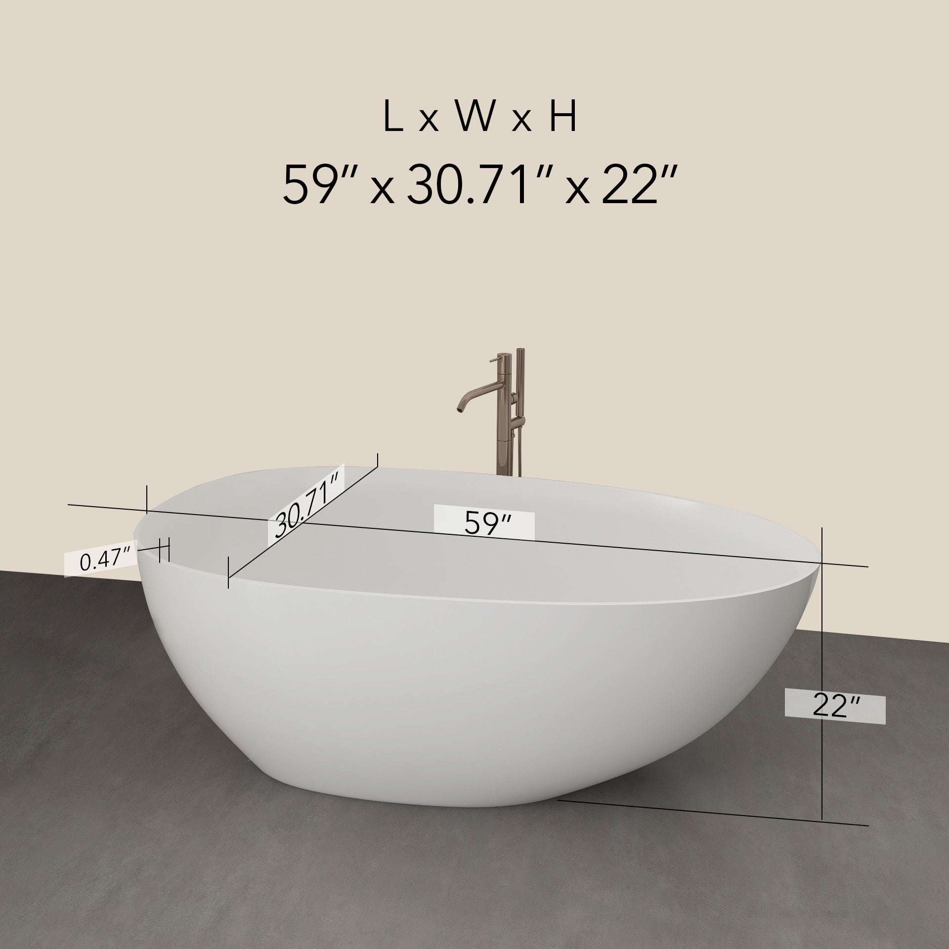 FRALIMK 59" x 30.71" x 22.05" Flatbottom Freestanding Solid Surface Stone Resin Bathtub Soaking Tub; Soft White Matte - Divine Heart L.A.