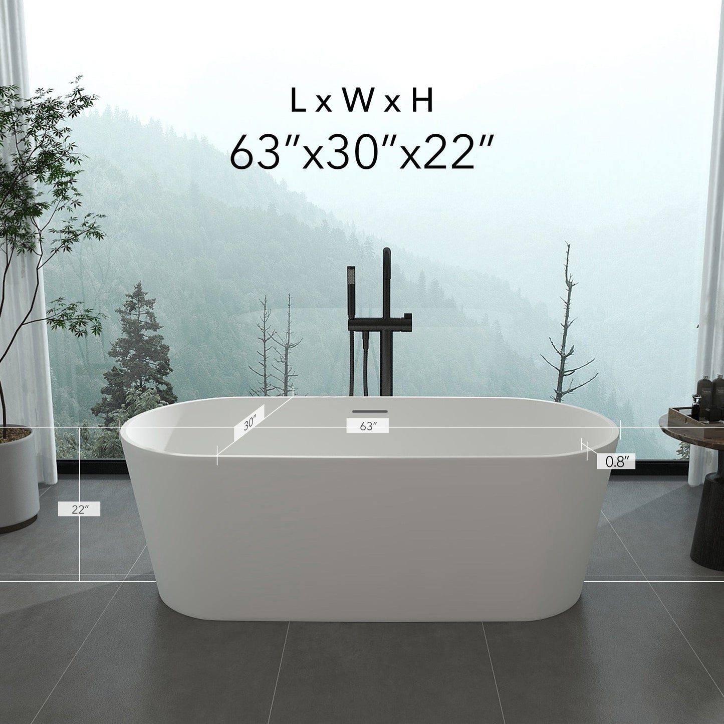 FRALIMK 63" x 30" x 22" Flatbottom Freestanding Solid Surface Resin Stone Bathtub Soaking Tub In Soft White Matte - Divine Heart L.A.