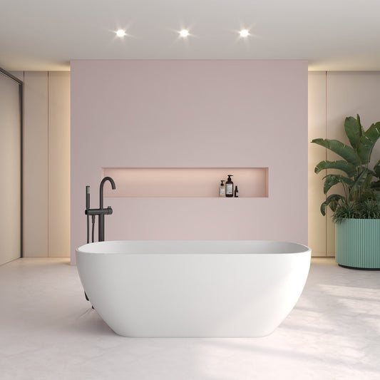 FRALIMK 63" x 30" x 22" Flatbottom Freestanding Solid Surface Resin Stone Bathtub Soaking Tub In Soft White Matte - Divine Heart L.A.