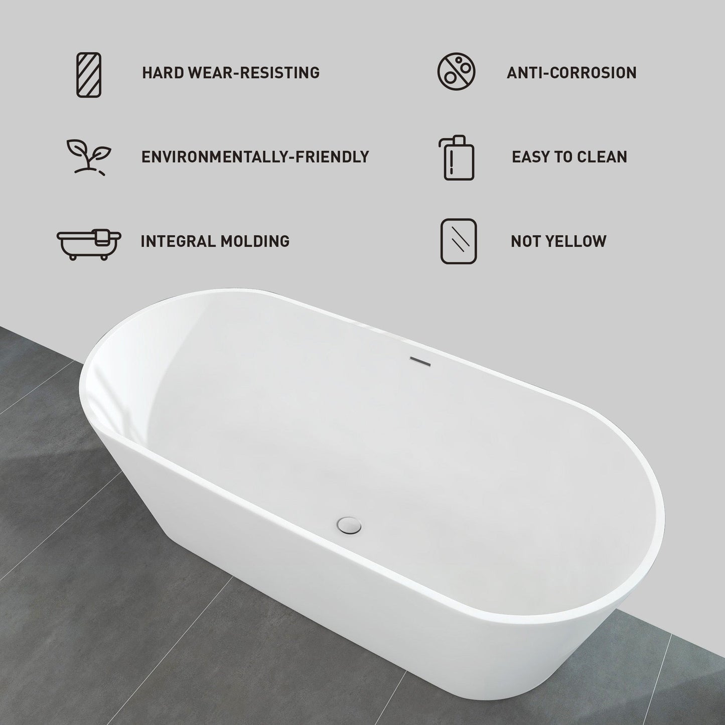 FRALIMK 63" x 30" x 22" Flatbottom Freestanding Solid Surface Resin Stone Bathtub Soaking Tub In Soft White Matte - Divine Heart L.A.