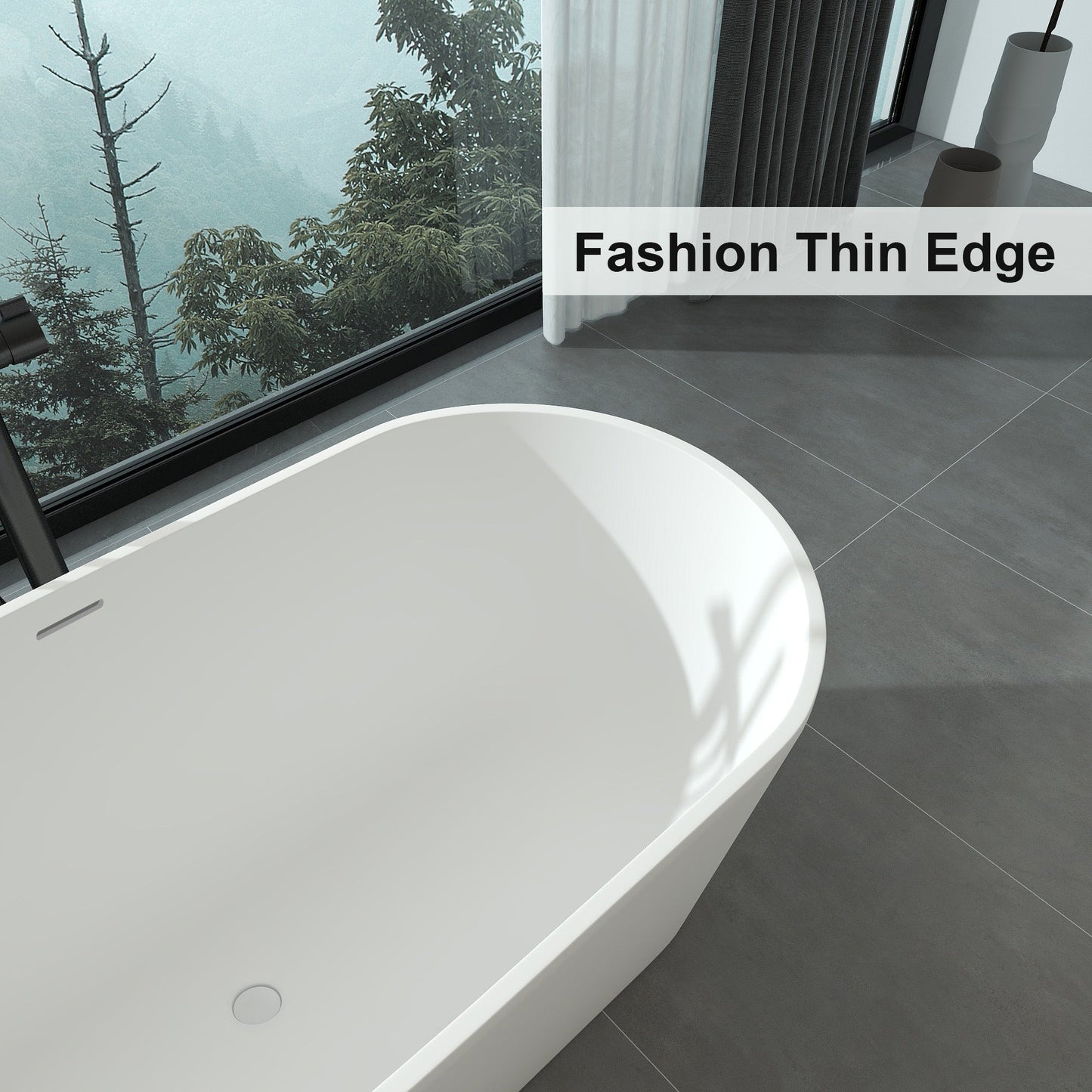 FRALIMK 63" x 30" x 22" Flatbottom Freestanding Solid Surface Resin Stone Bathtub Soaking Tub In Soft White Matte - Divine Heart L.A.