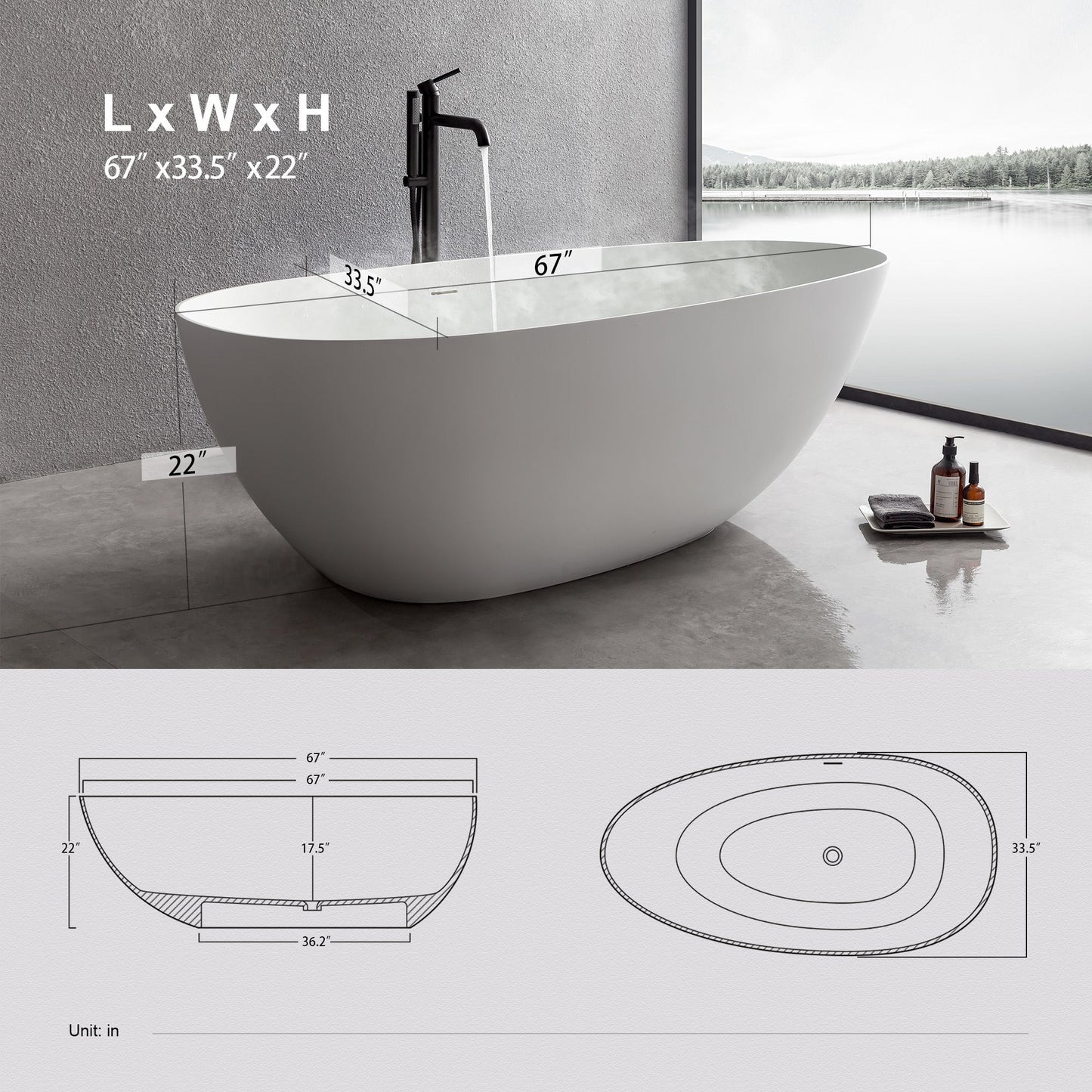 FRALIMK 67" x 33.5" x 22.05" Flat bottom freestanding solid surface resin stone immersion bathtub; soft white matte anti-skid - Divine Heart L.A.