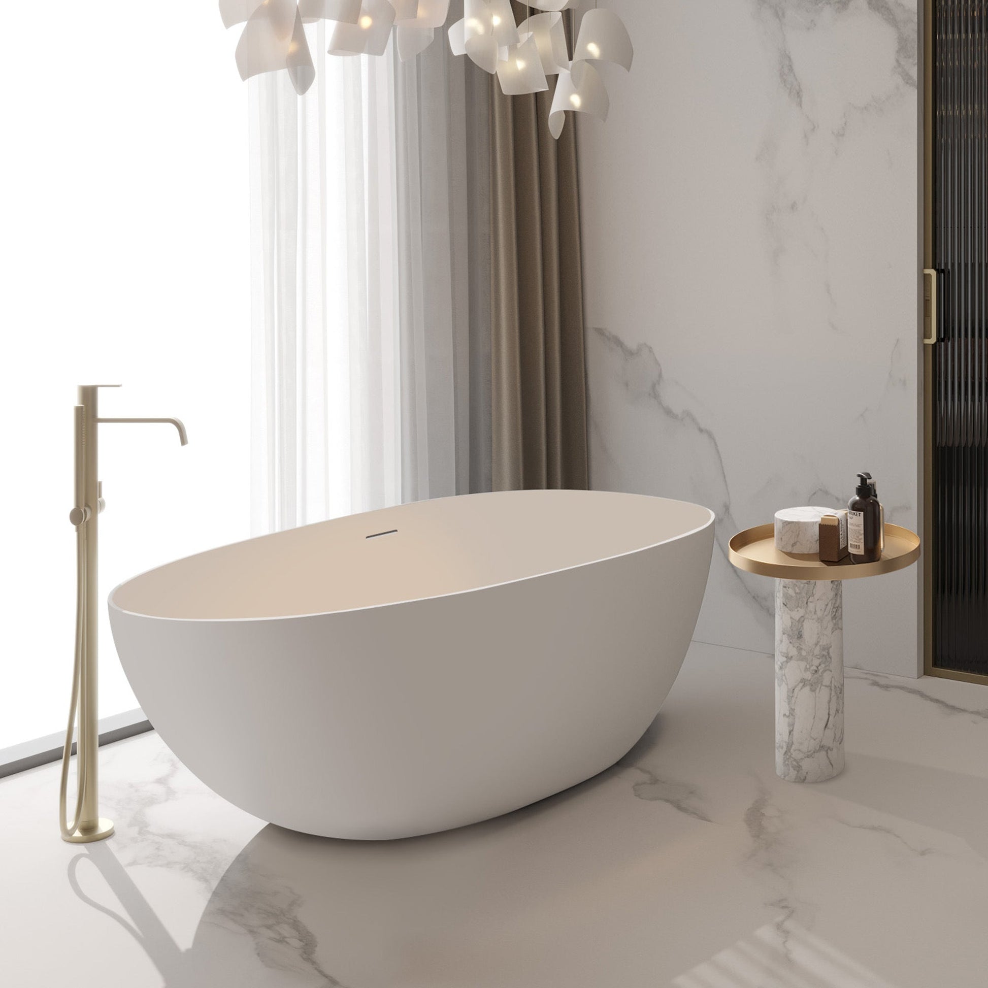 FRALIMK 67" x 33.5" x 22.05" Flat bottom freestanding solid surface resin stone immersion bathtub; soft white matte anti-skid - Divine Heart L.A.