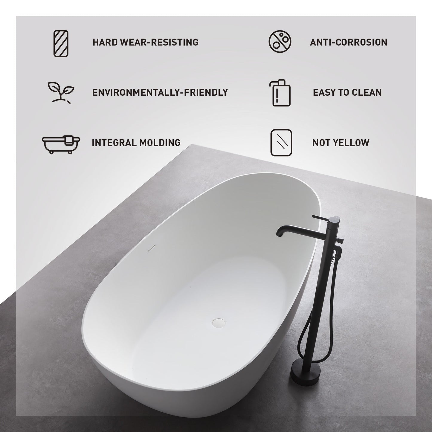 FRALIMK 67" x 33.5" x 22.05" Flat bottom freestanding solid surface resin stone immersion bathtub; soft white matte anti-skid - Divine Heart L.A.