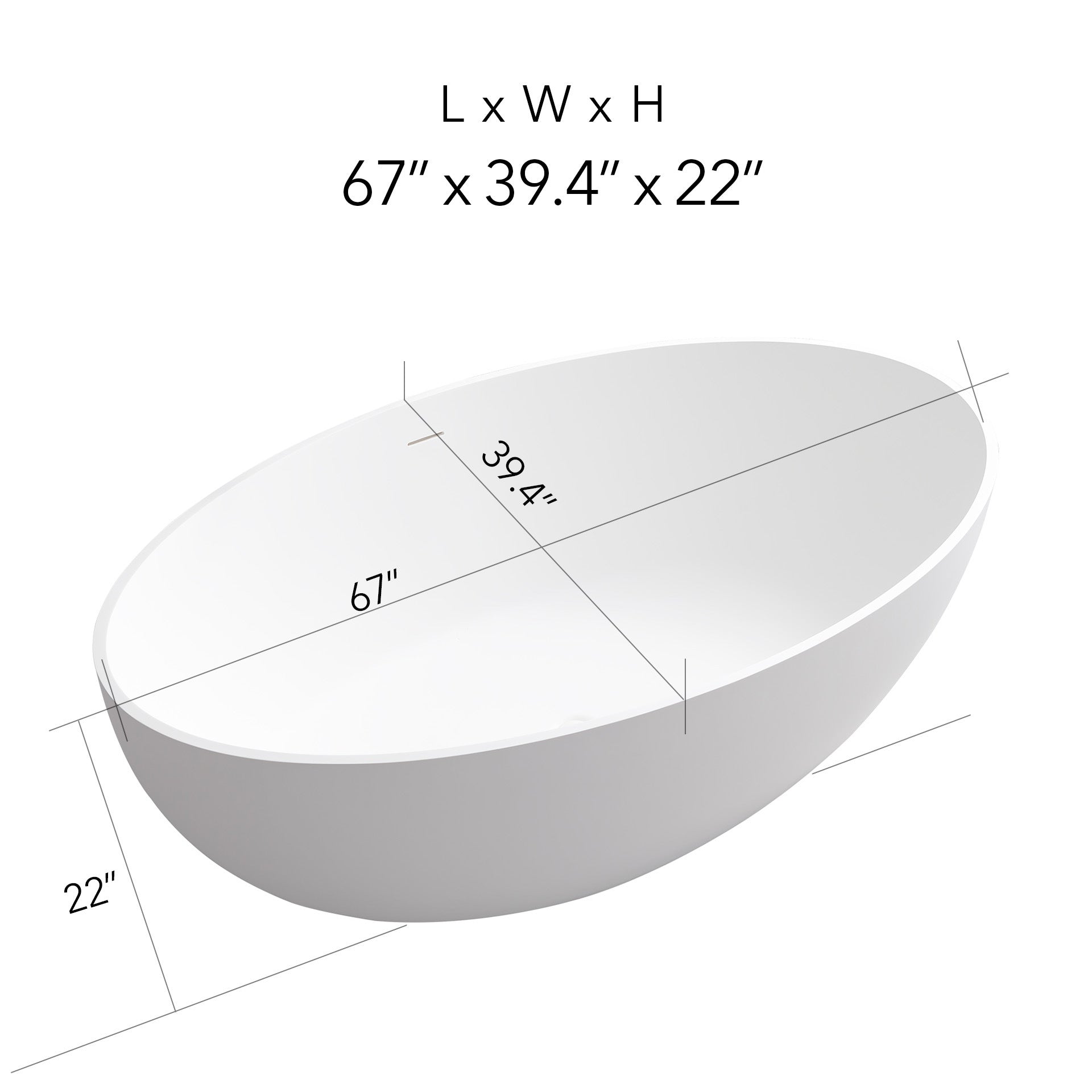 FRALIMK 67" x 39.4" x 22.05" Flat Bottom Oval Freestanding Resin Stone Bath; Solid Surface Non - slip Matte White - Divine Heart L.A.