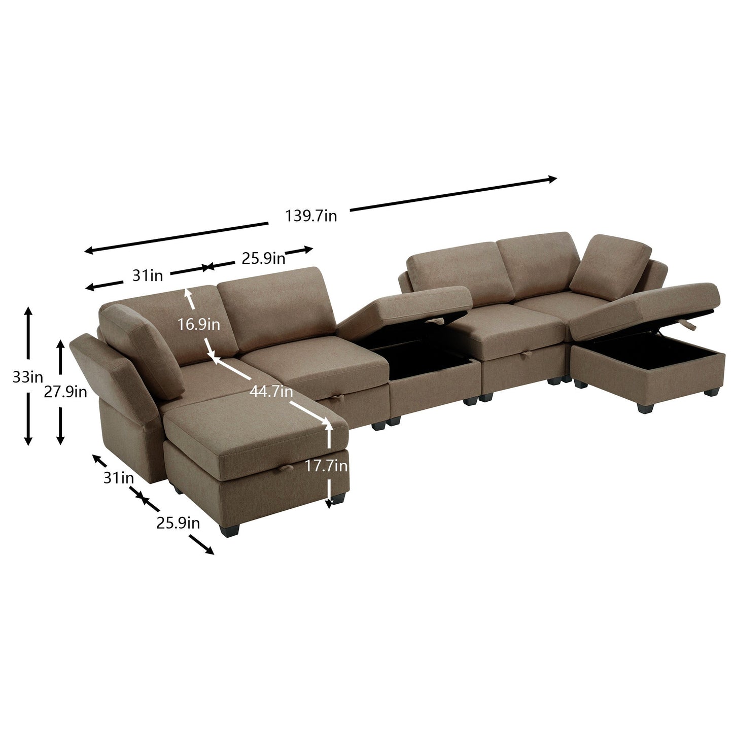 Free Combinations Storage Functional Modular Sectional Sofa with Thick Seat and Back Cushions - Divine Heart L.A.