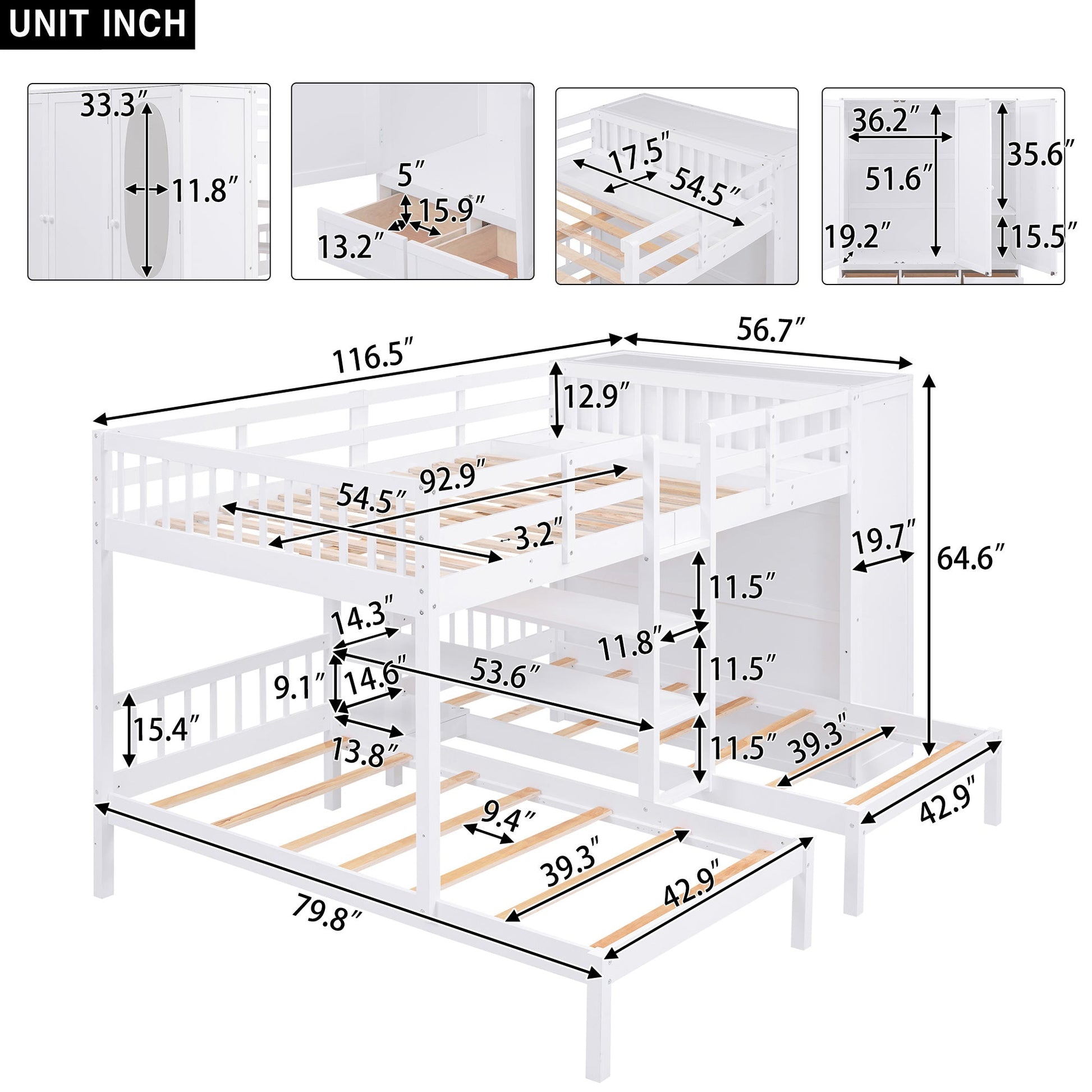 Full-Over-Twin-Twin Bunk Bed with Wardrobe and Mirror - Divine Heart L.A.