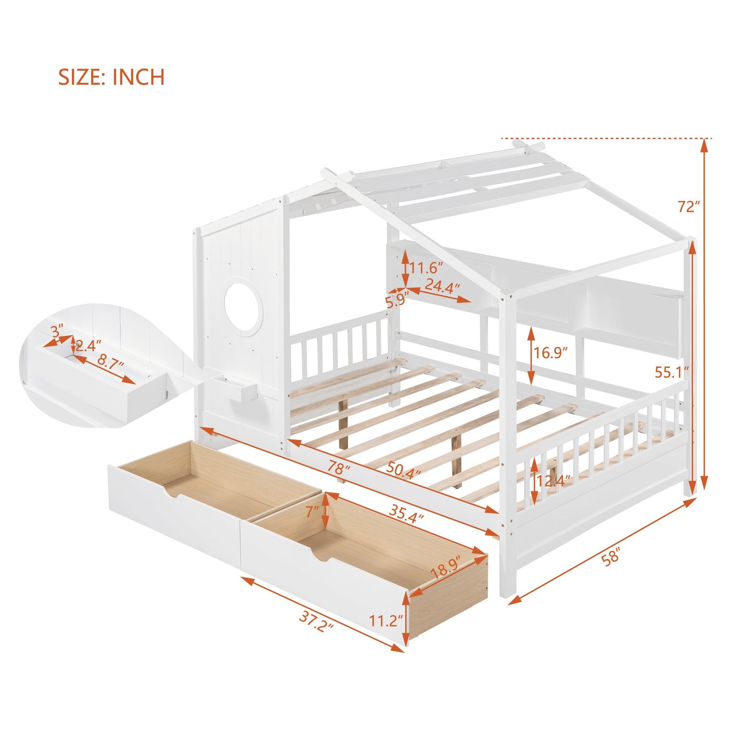 Full Size House Bed with 2 Drawers and Storage Shelf - Divine Heart L.A.