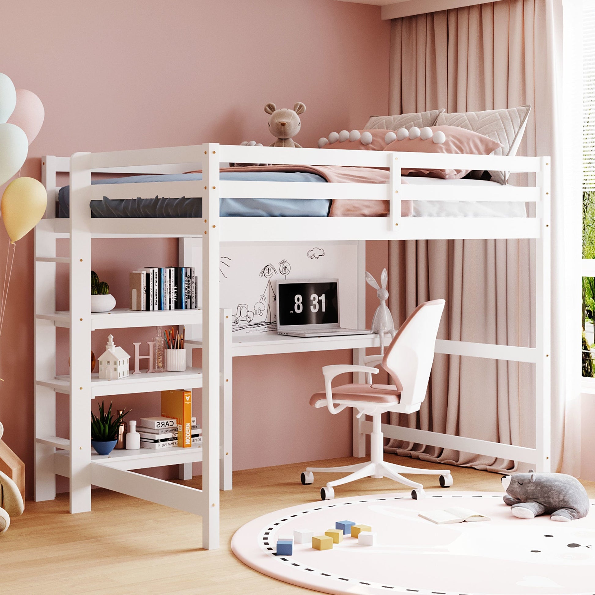 Full Size Wooden Loft Bed with Shelves, Desk and Writing Board - Divine Heart L.A.