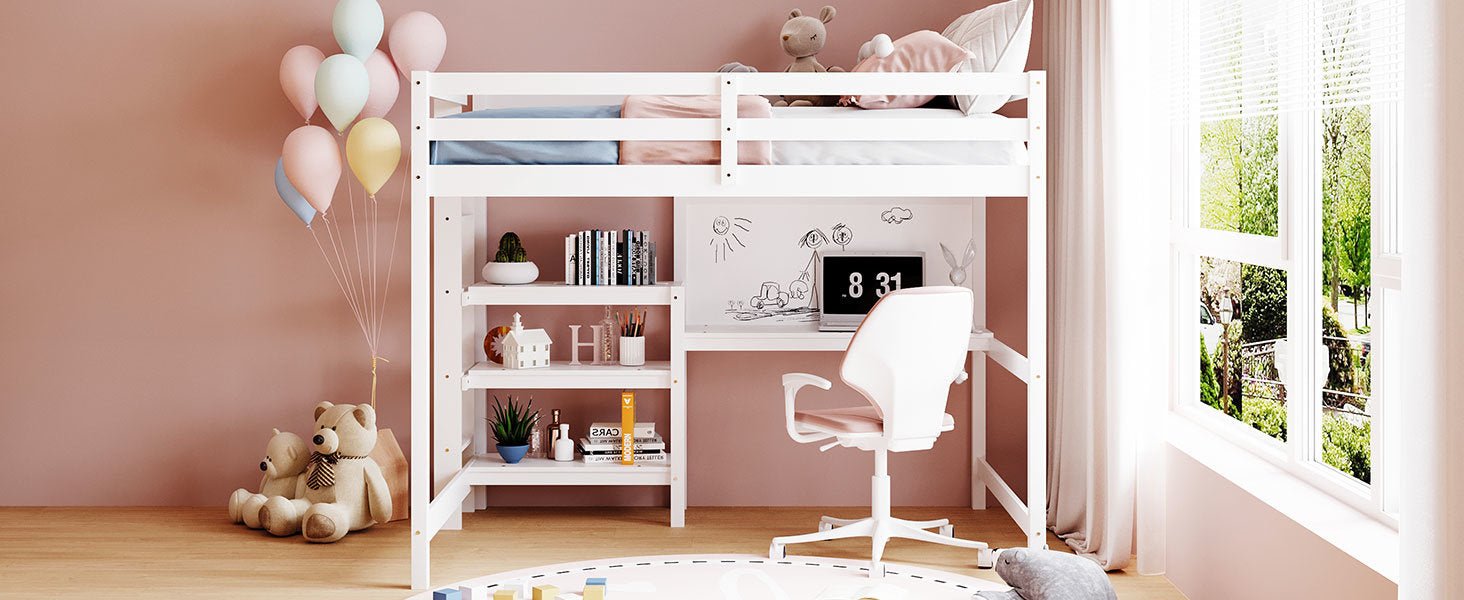 Full Size Wooden Loft Bed with Shelves, Desk and Writing Board - Divine Heart L.A.