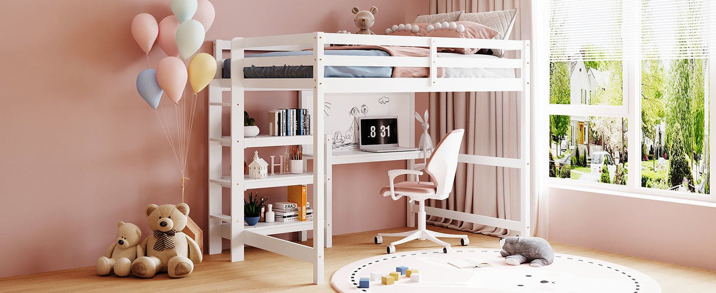 Full Size Wooden Loft Bed with Shelves, Desk and Writing Board - Divine Heart L.A.