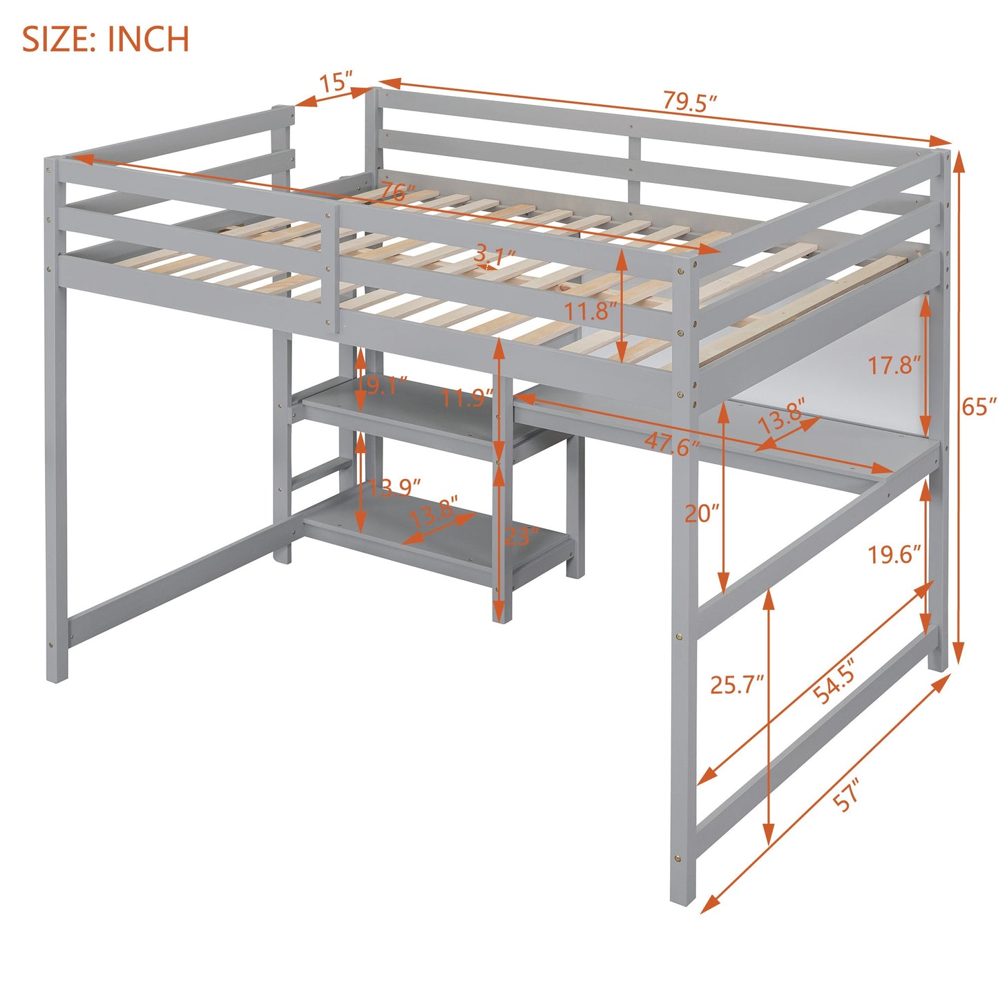 Full Size Wooden Loft Bed with Shelves, Desk and Writing Board - Divine Heart L.A.