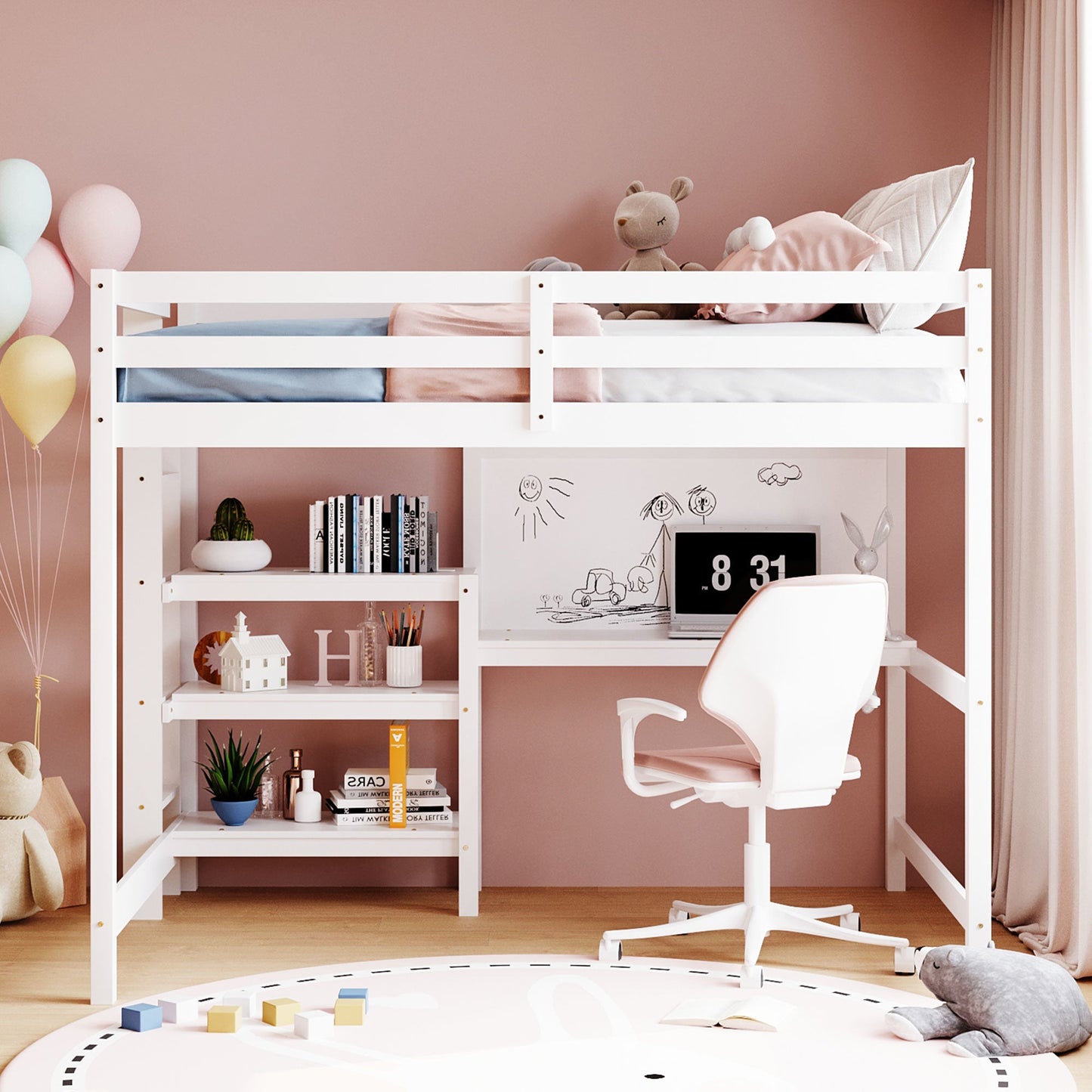 Full Size Wooden Loft Bed with Shelves, Desk and Writing Board - Divine Heart L.A.