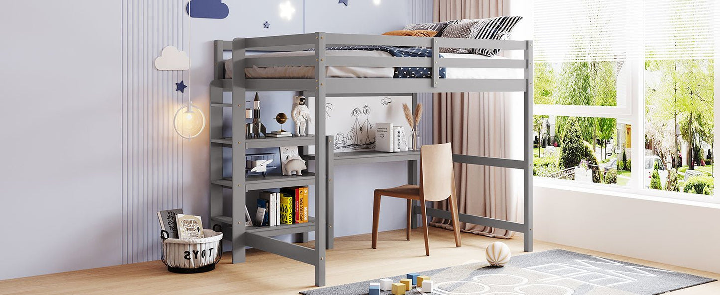 Full Size Wooden Loft Bed with Shelves, Desk and Writing Board - Divine Heart L.A.