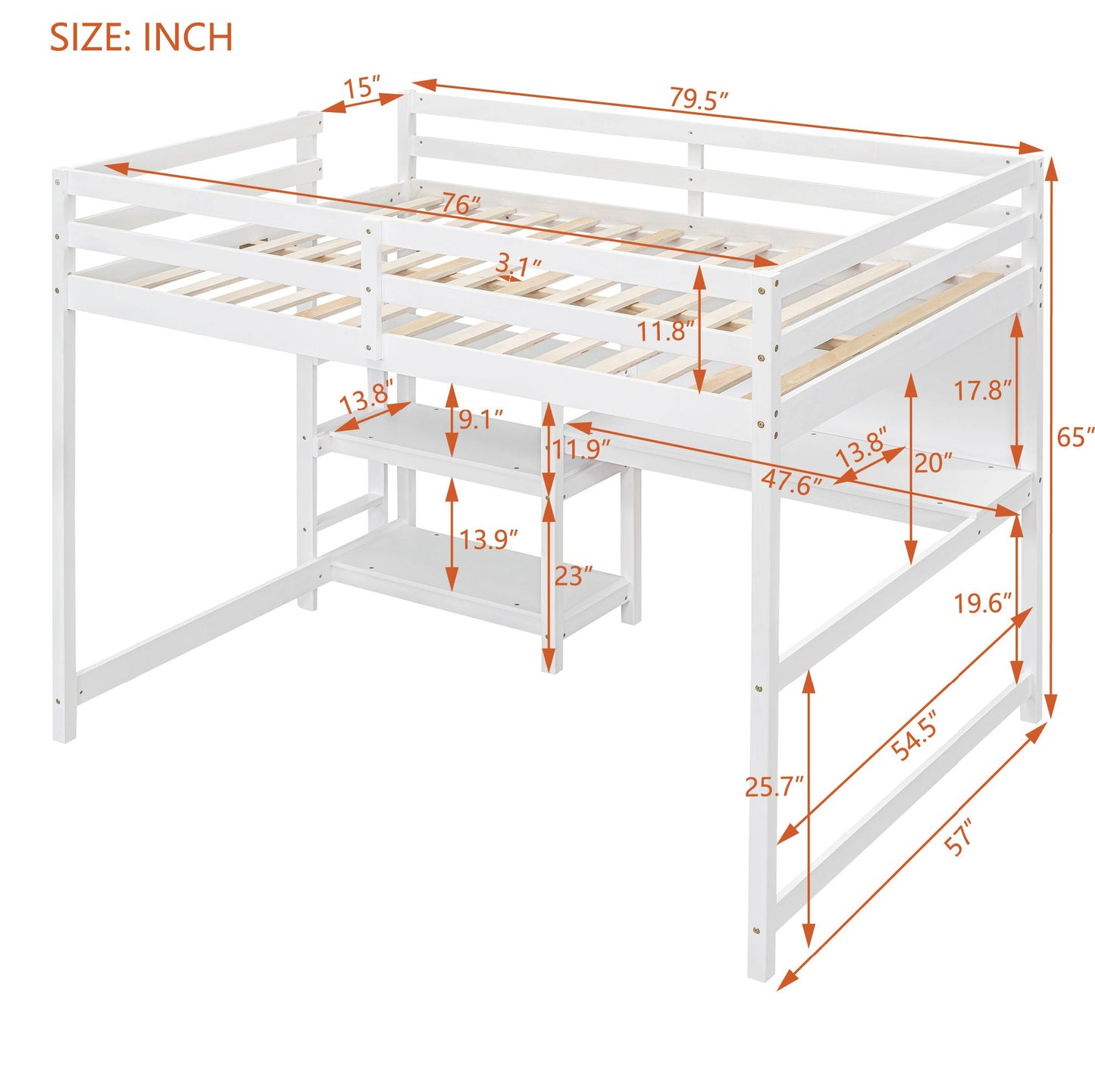 Full Size Wooden Loft Bed with Shelves, Desk and Writing Board - Divine Heart L.A.