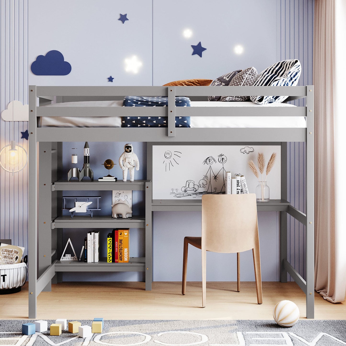 Full Size Wooden Loft Bed with Shelves, Desk and Writing Board - Divine Heart L.A.