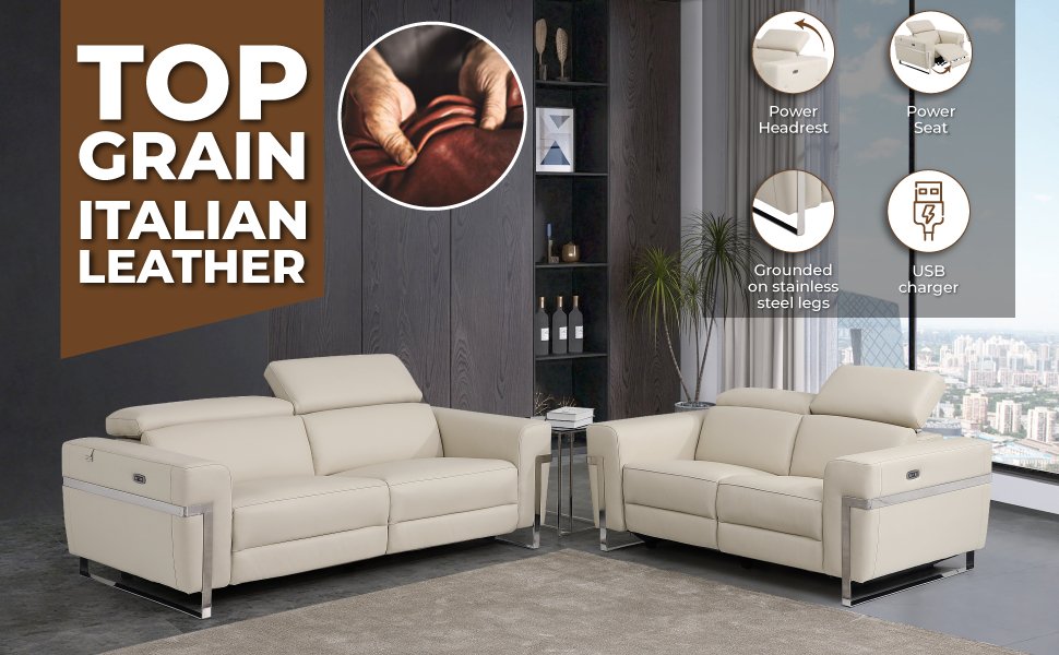 Global United Top Grain Italian Leather Sofa with Power Recliner - Divine Heart L.A.