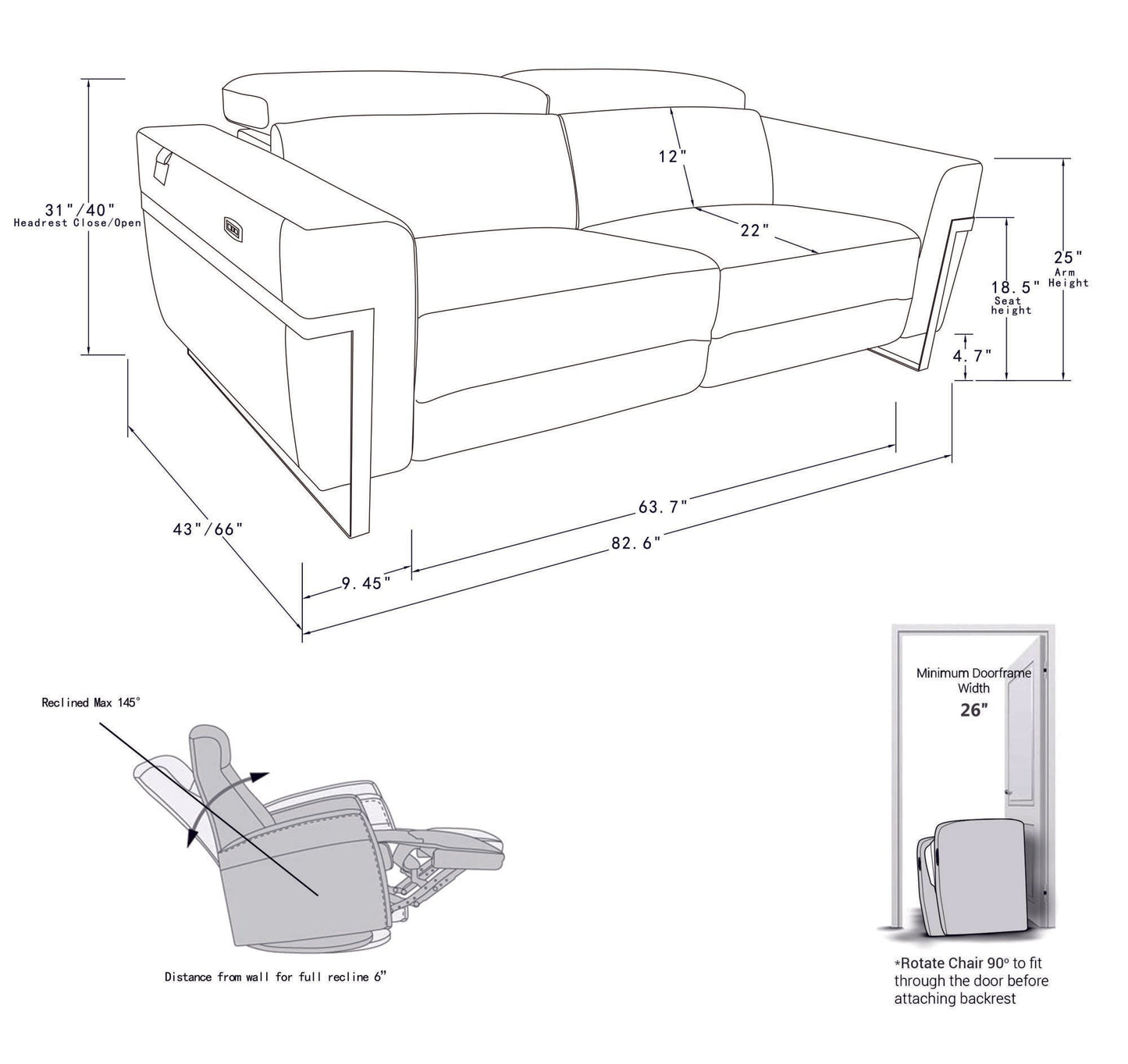 Global United Top Grain Italian Leather Sofa with Power Recliner - Divine Heart L.A.