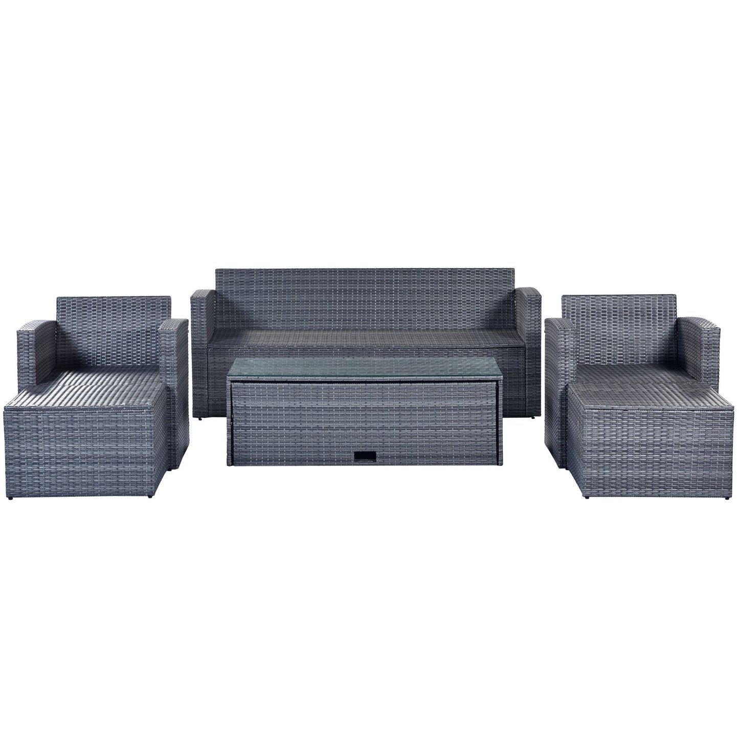 GO 6-piece All-Weather Wicker PE rattan Patio Outdoor Dining Conversation Sectional Set with coffee table, wicker sofas, ottomans, removable cushions (Dark grey wicker, Light grey cushion) - Divine Heart L.A.