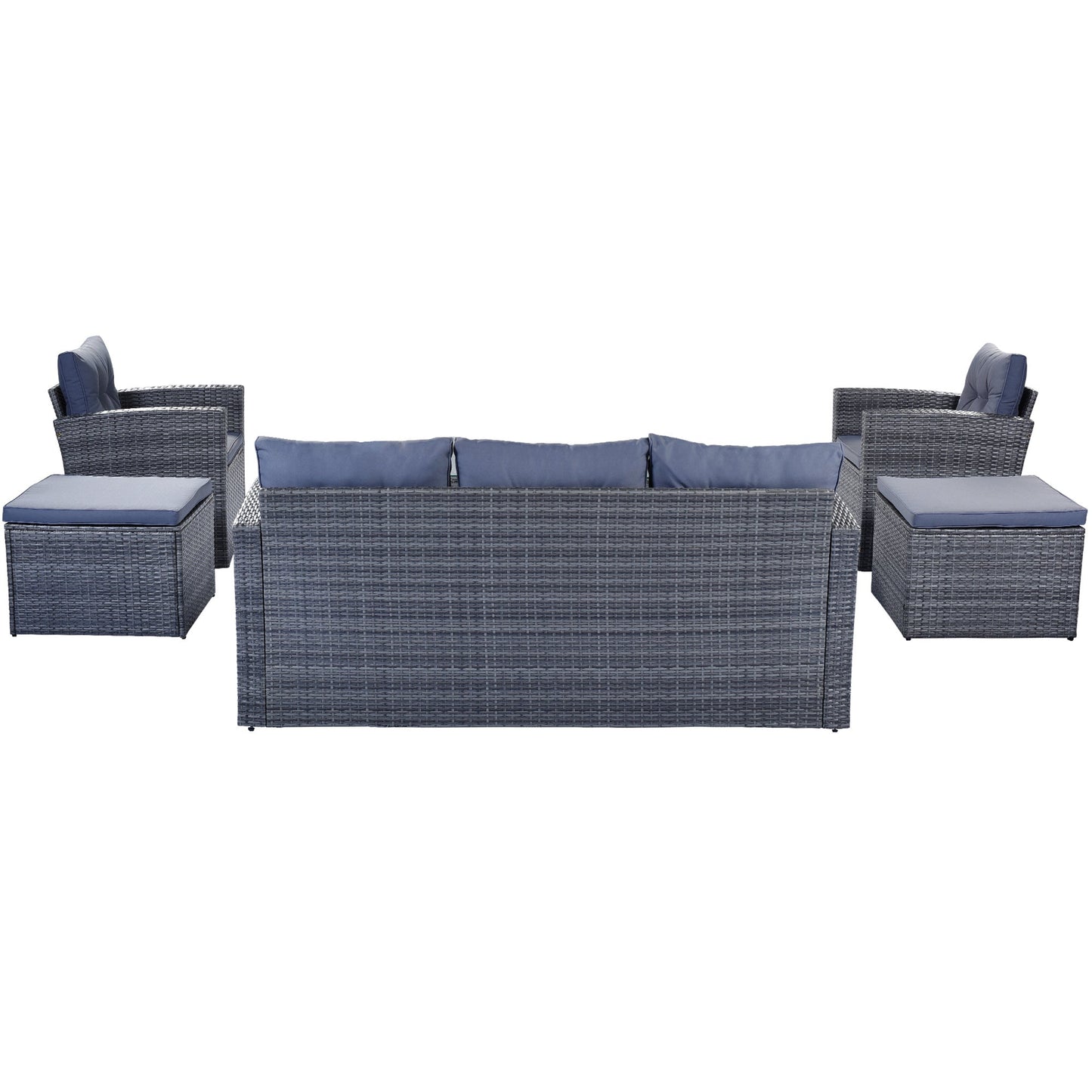 GO 6-piece All-Weather Wicker PE rattan Patio Outdoor Dining Conversation Sectional Set with coffee table, wicker sofas, ottomans, removable cushions (Dark grey wicker, Light grey cushion) - Divine Heart L.A.