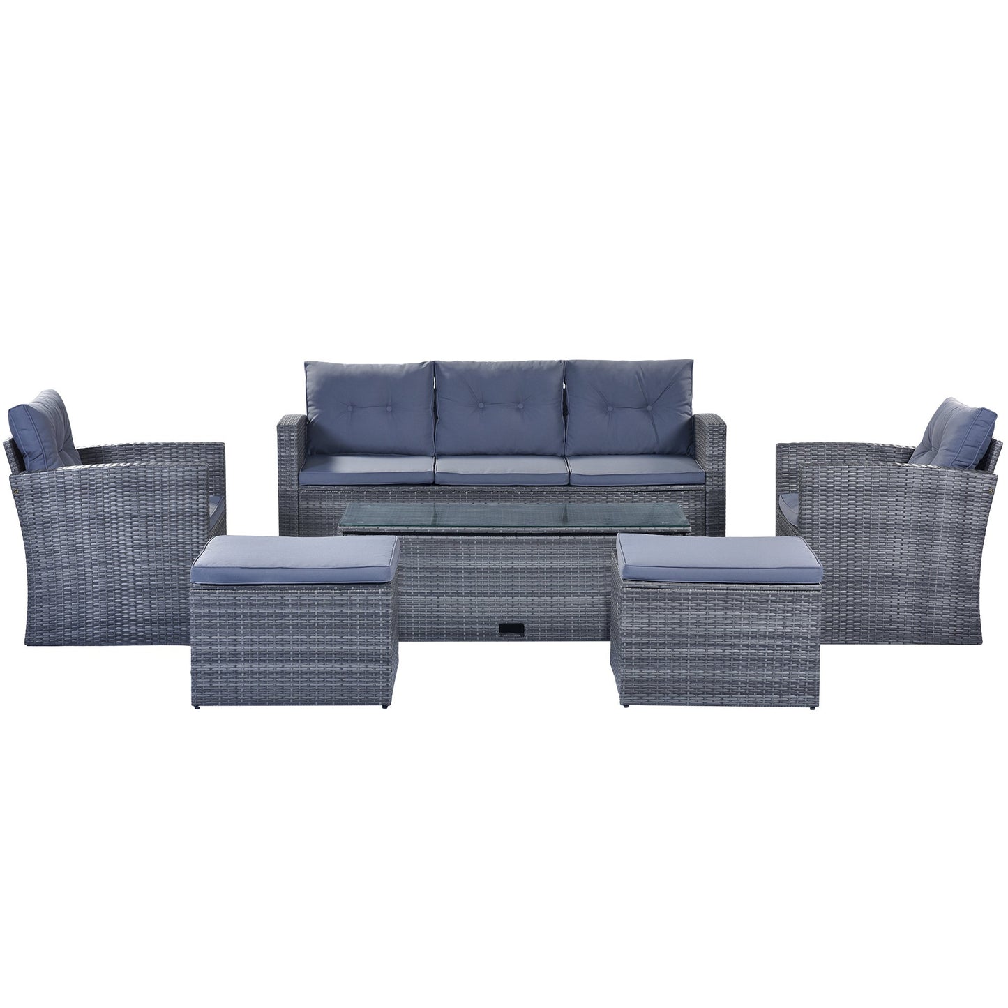 GO 6-piece All-Weather Wicker PE rattan Patio Outdoor Dining Conversation Sectional Set with coffee table, wicker sofas, ottomans, removable cushions (Dark grey wicker, Light grey cushion) - Divine Heart L.A.