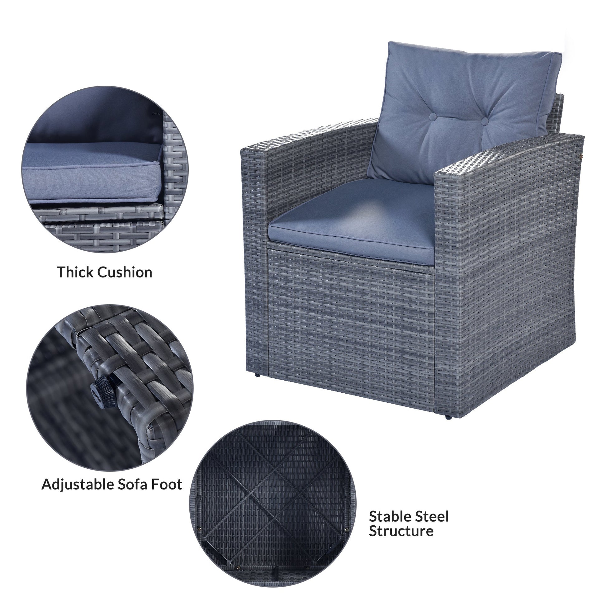 GO 6-piece All-Weather Wicker PE rattan Patio Outdoor Dining Conversation Sectional Set with coffee table, wicker sofas, ottomans, removable cushions (Dark grey wicker, Light grey cushion) - Divine Heart L.A.