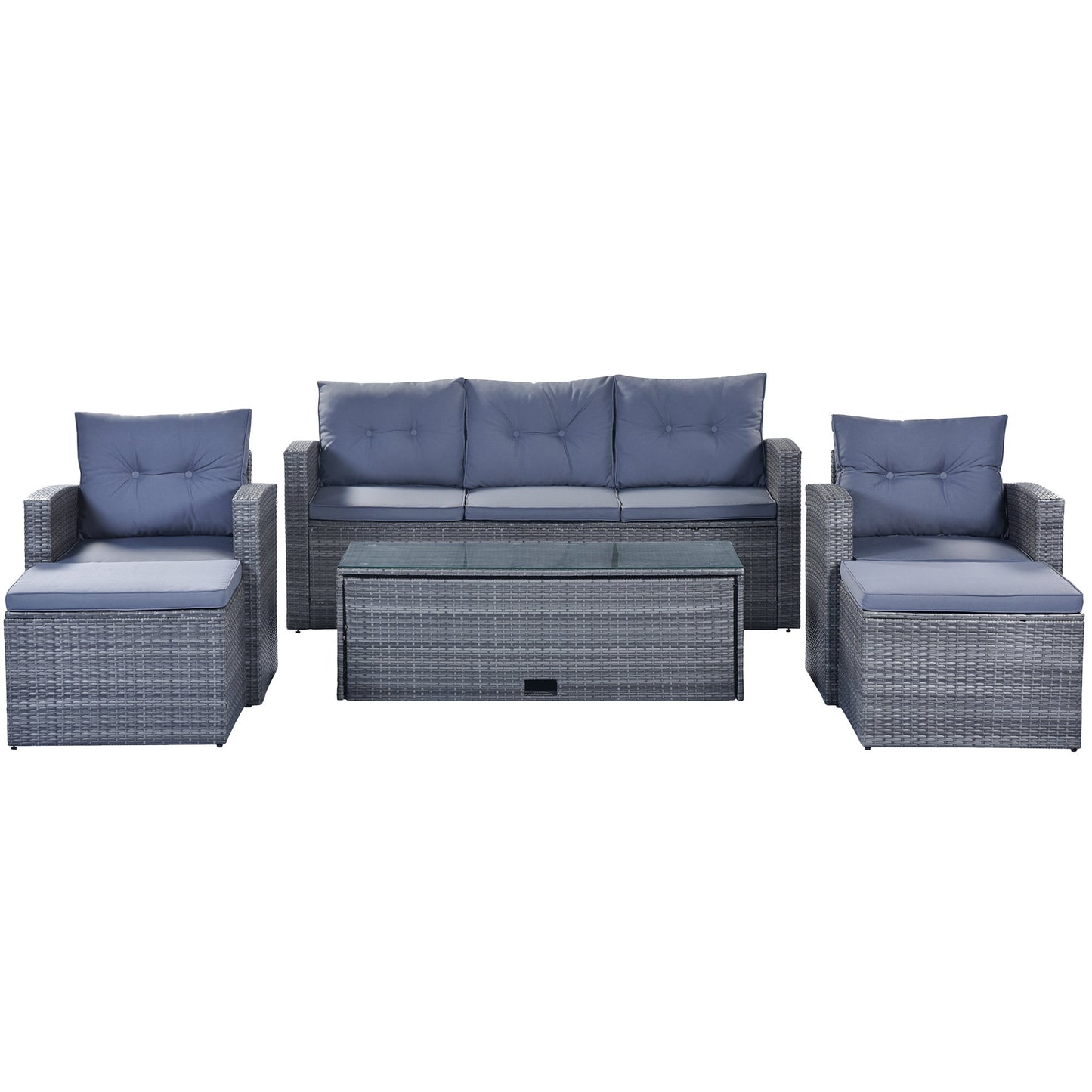 GO 6-piece All-Weather Wicker PE rattan Patio Outdoor Dining Conversation Sectional Set with coffee table, wicker sofas, ottomans, removable cushions (Dark grey wicker, Light grey cushion) - Divine Heart L.A.