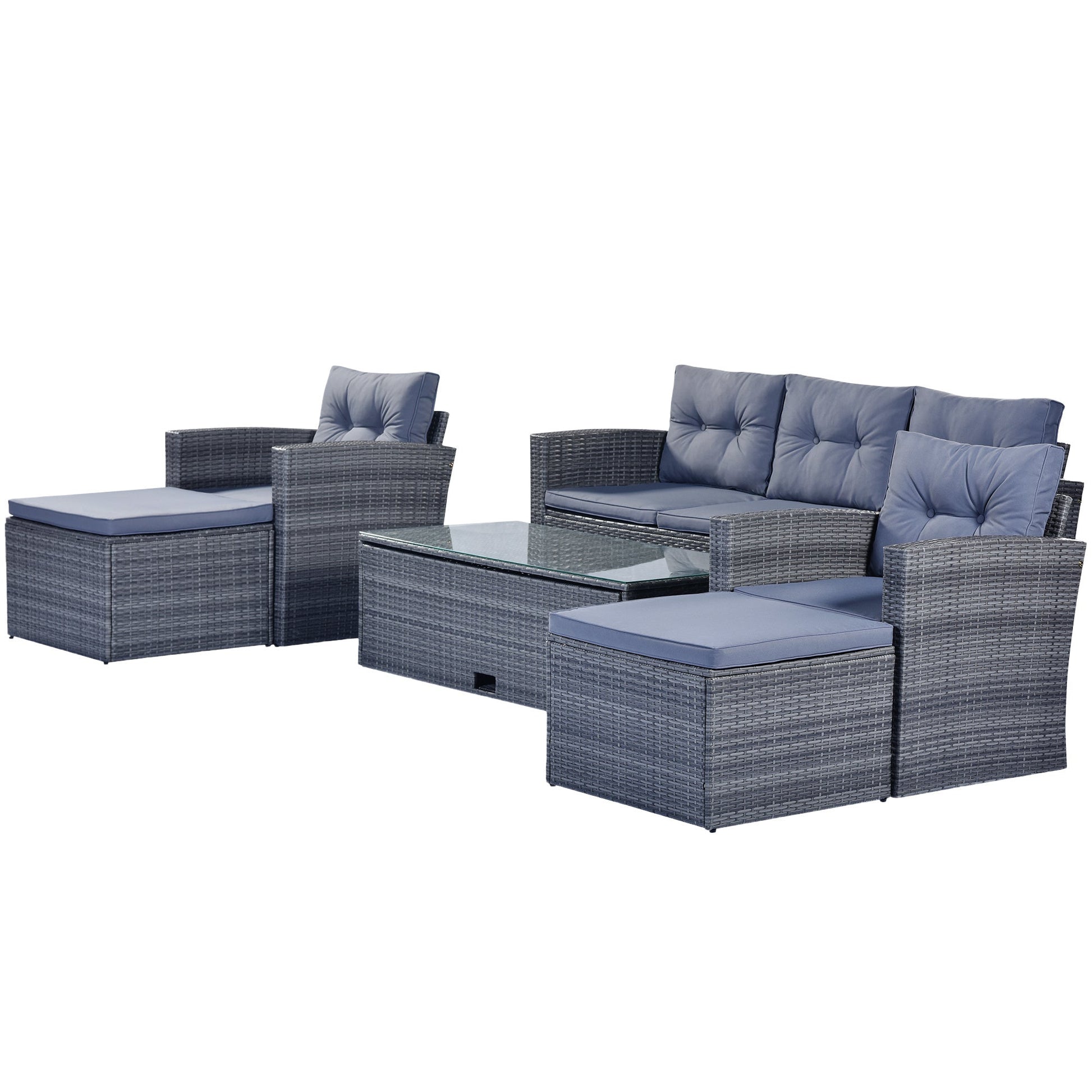 GO 6-piece All-Weather Wicker PE rattan Patio Outdoor Dining Conversation Sectional Set with coffee table, wicker sofas, ottomans, removable cushions (Dark grey wicker, Light grey cushion) - Divine Heart L.A.