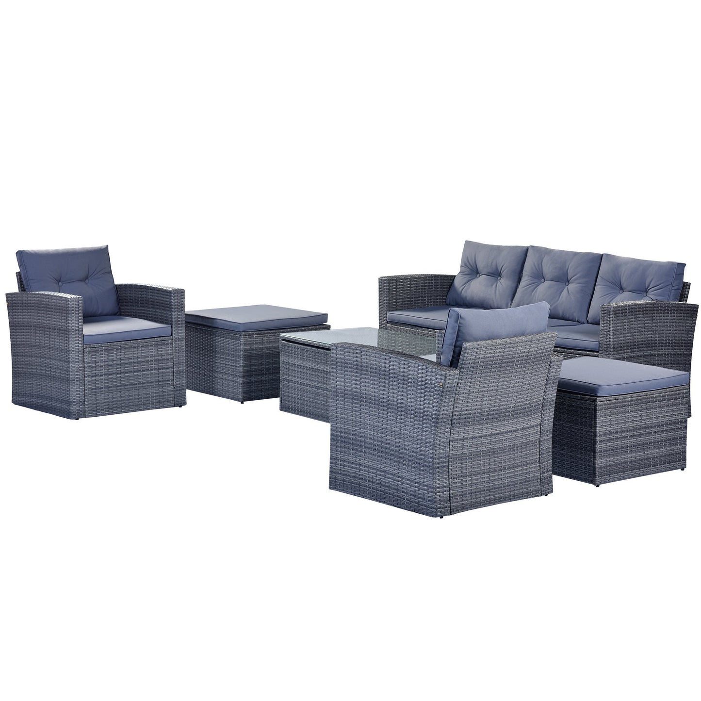 GO 6-piece All-Weather Wicker PE rattan Patio Outdoor Dining Conversation Sectional Set with coffee table, wicker sofas, ottomans, removable cushions (Dark grey wicker, Light grey cushion) - Divine Heart L.A.