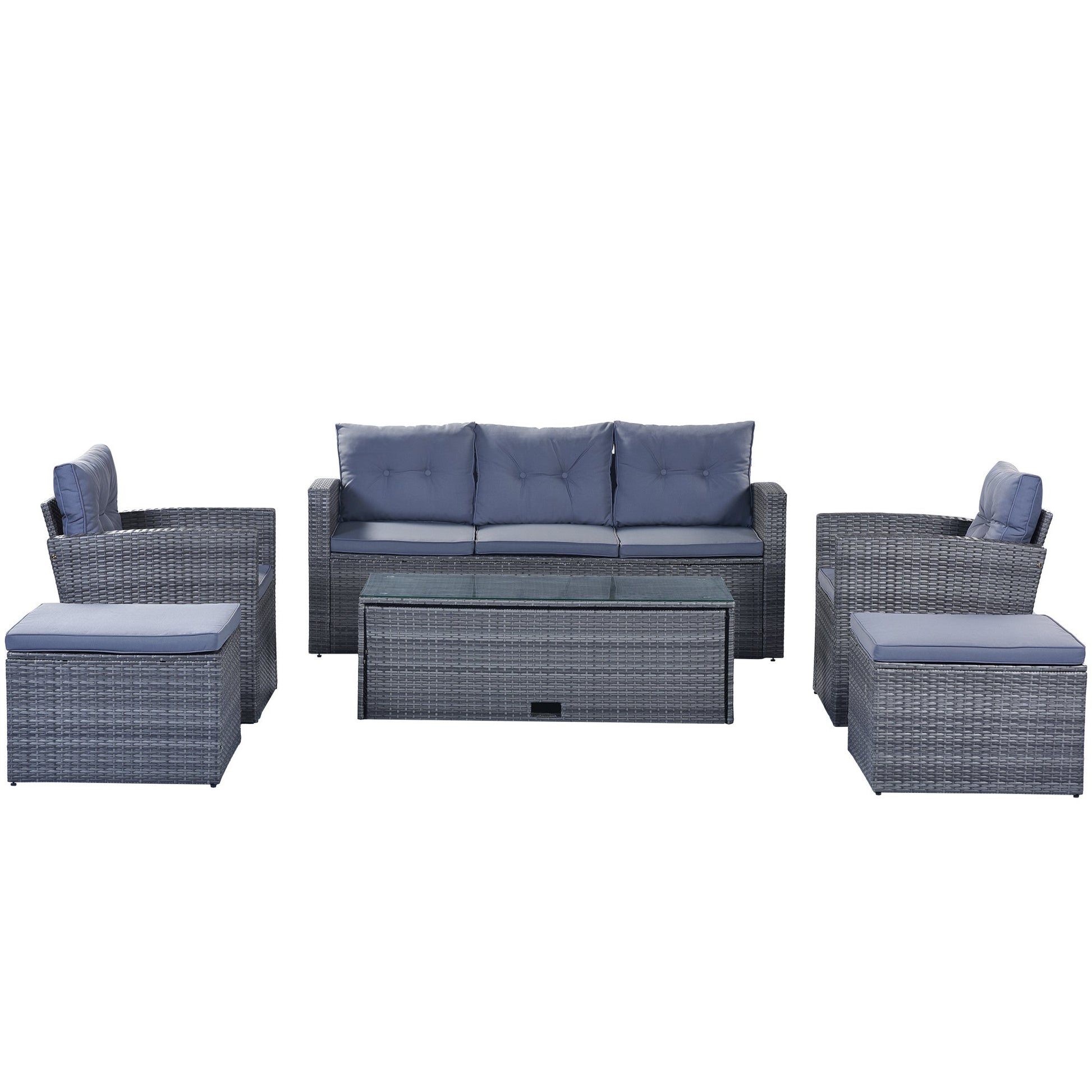 GO 6-piece All-Weather Wicker PE rattan Patio Outdoor Dining Conversation Sectional Set with coffee table, wicker sofas, ottomans, removable cushions (Dark grey wicker, Light grey cushion) - Divine Heart L.A.