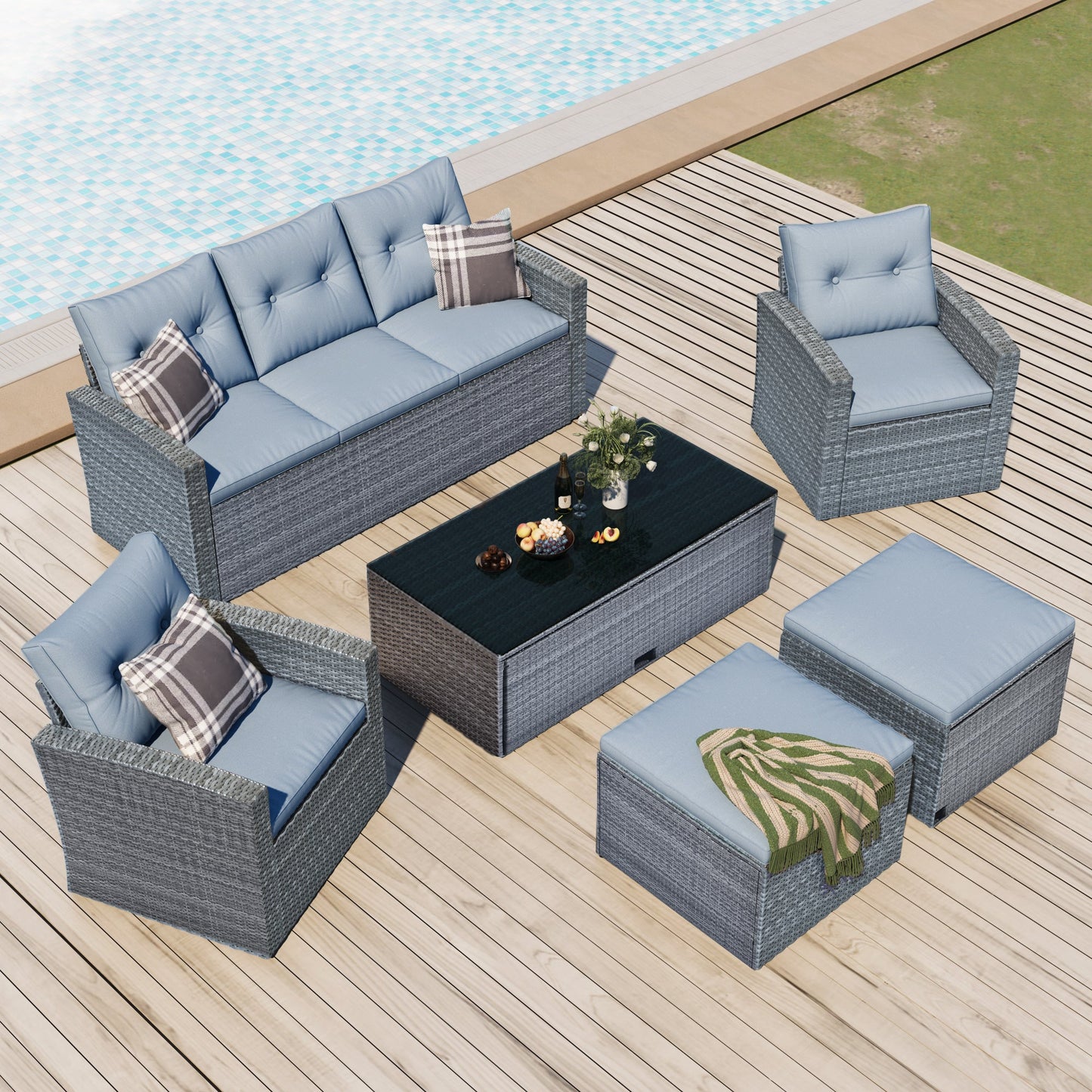 GO 6-piece All-Weather Wicker PE rattan Patio Outdoor Dining Conversation Sectional Set with coffee table, wicker sofas, ottomans, removable cushions (Dark grey wicker, Light grey cushion) - Divine Heart L.A.