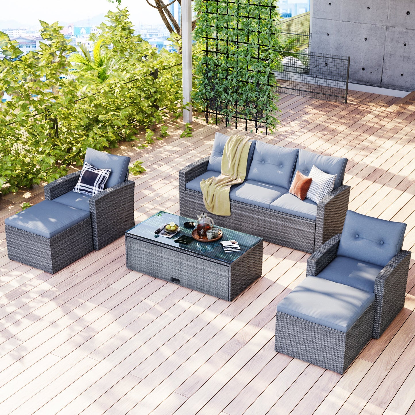 GO 6-piece All-Weather Wicker PE rattan Patio Outdoor Dining Conversation Sectional Set with coffee table, wicker sofas, ottomans, removable cushions (Dark grey wicker, Light grey cushion) - Divine Heart L.A.