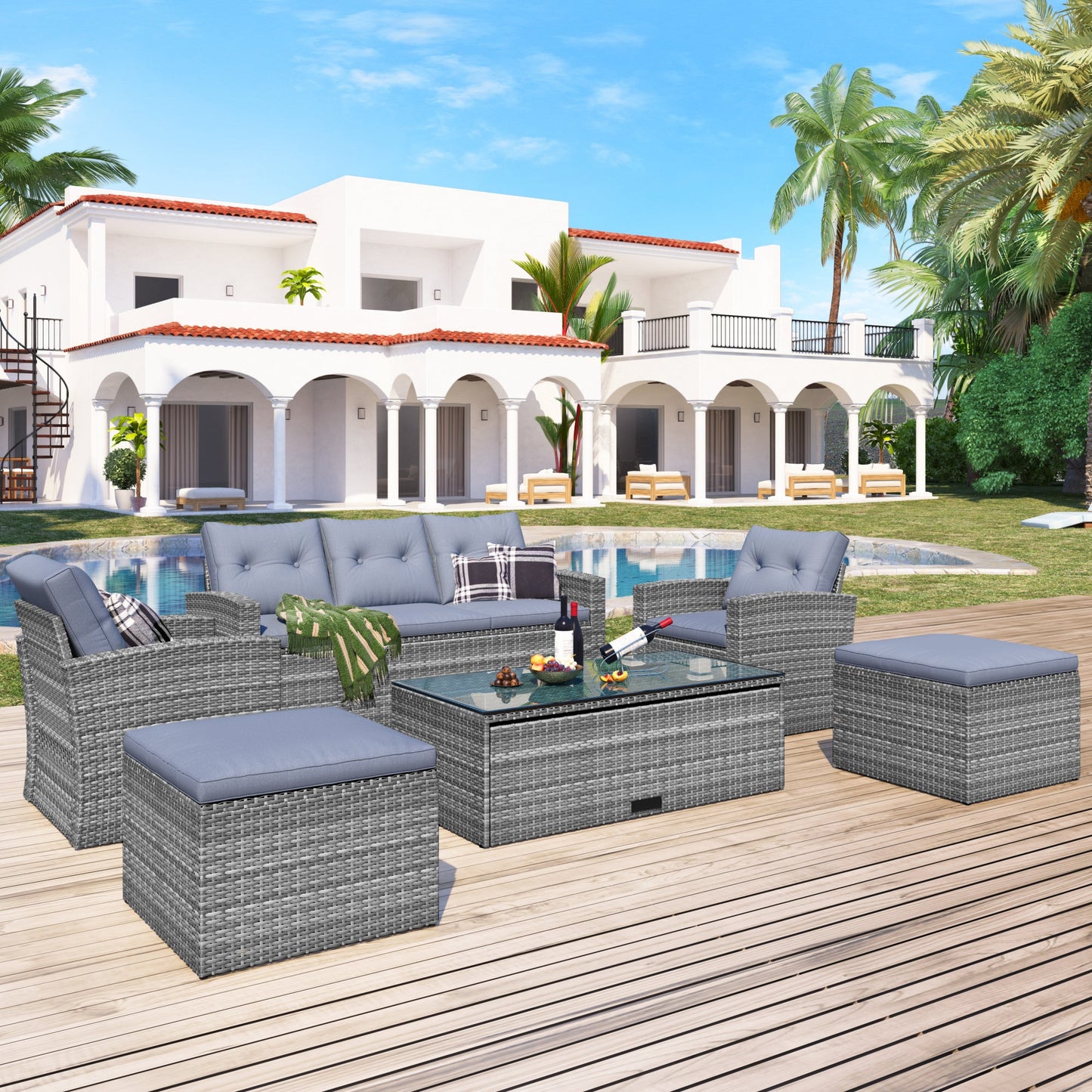 GO 6-piece All-Weather Wicker PE rattan Patio Outdoor Dining Conversation Sectional Set with coffee table, wicker sofas, ottomans, removable cushions (Dark grey wicker, Light grey cushion) - Divine Heart L.A.