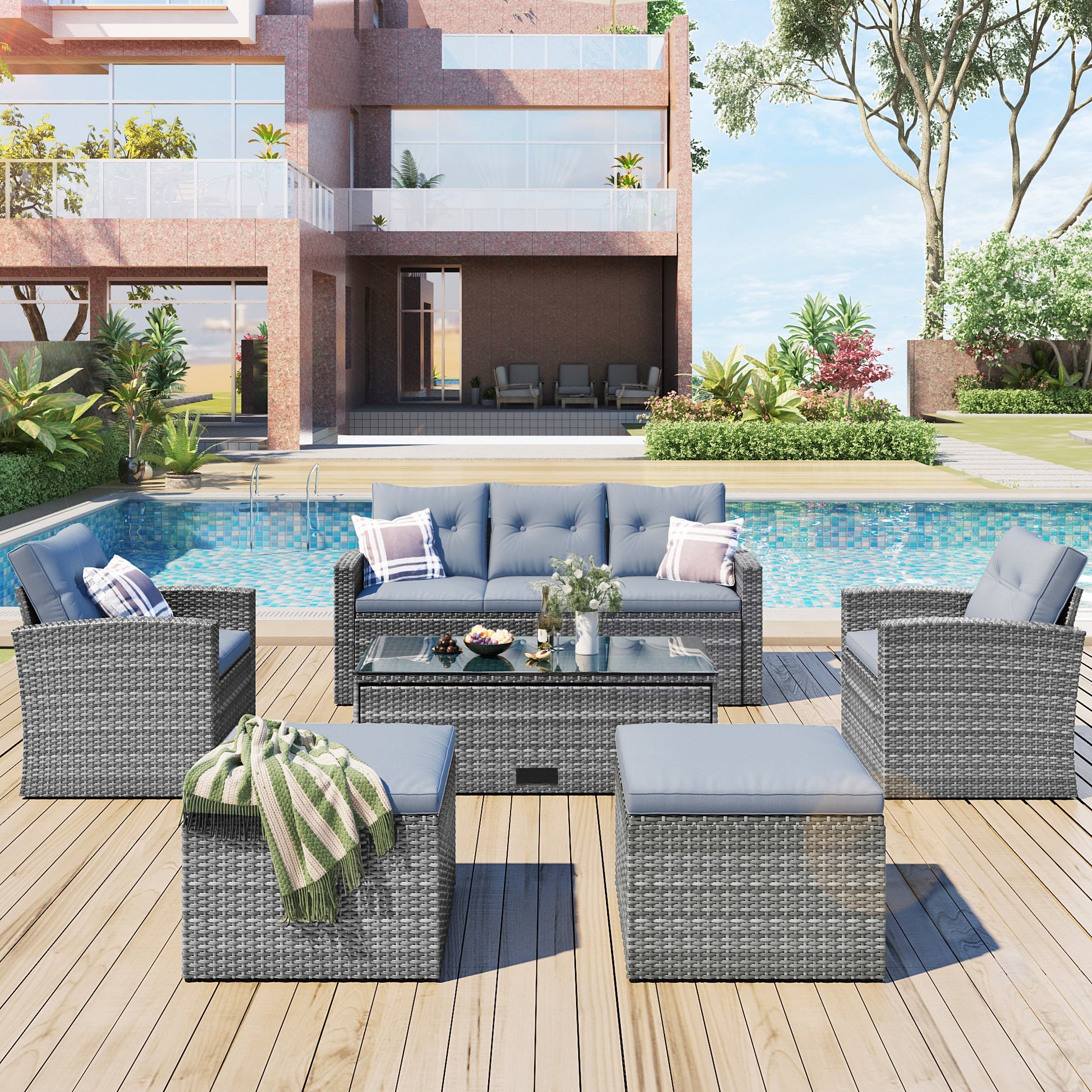 GO 6-piece All-Weather Wicker PE rattan Patio Outdoor Dining Conversation Sectional Set with coffee table, wicker sofas, ottomans, removable cushions (Dark grey wicker, Light grey cushion) - Divine Heart L.A.