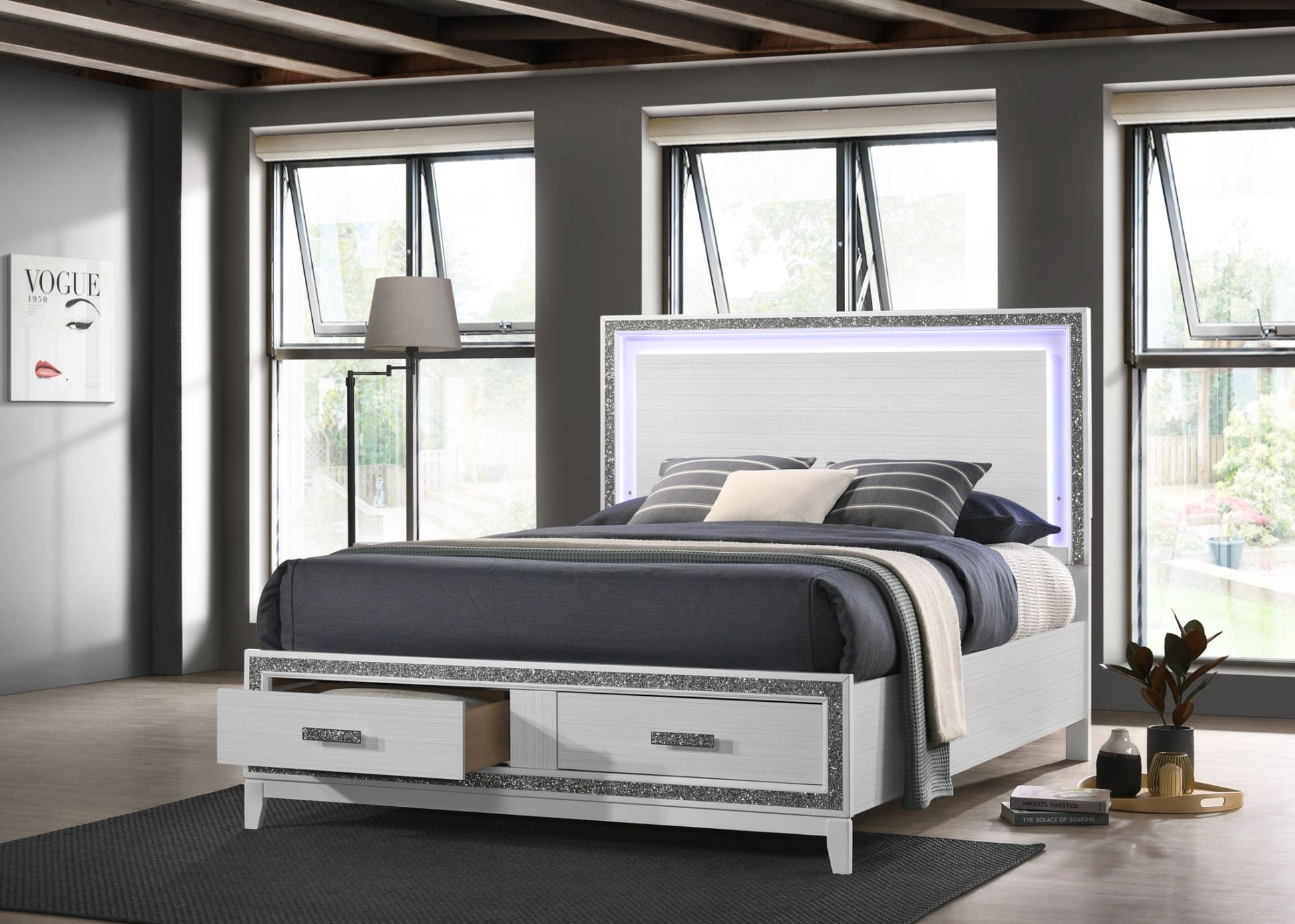 Haiden Eastern King LED Bed w/Storage in White - Divine Heart L.A.