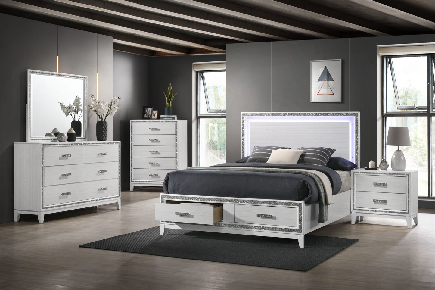 Haiden Eastern King LED Bed w/Storage in White - Divine Heart L.A.